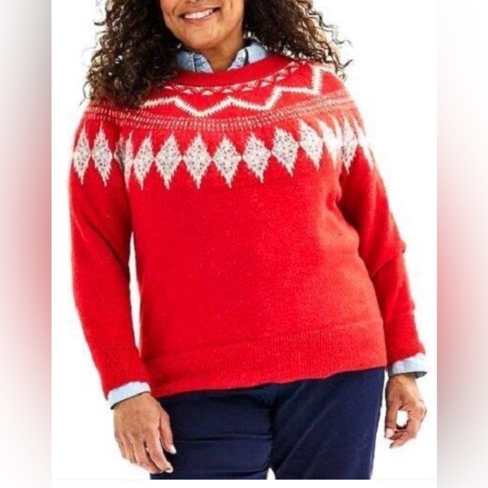 Croft & Barrow red and gray diamond fair isle crewneck sweater size 1X